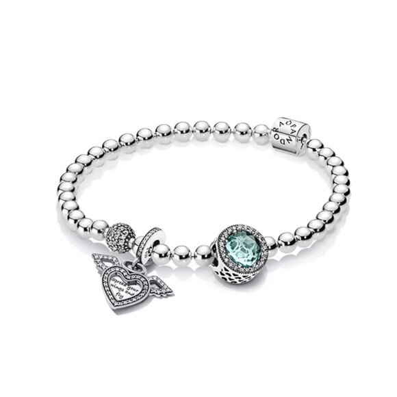 Pandora Beaded Silver Bracelet with Blue Sparkle & Winged Heart Charms - Picture 1 of 6